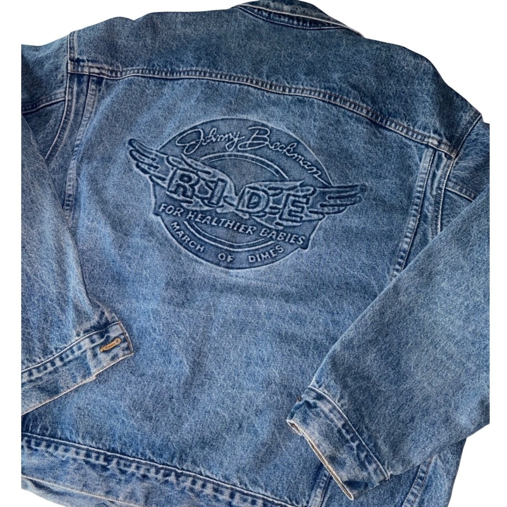 VTG WHOA Denim Trucker Jacket XL Blue Jean Biker Oversized Boxy 90s Streetwear